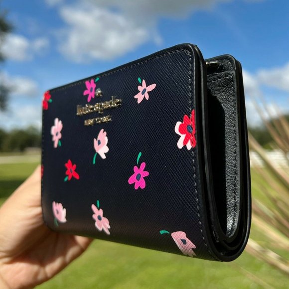 Kate Spade Floral Bifold Wallet Black Multi - Picture 4 of 7